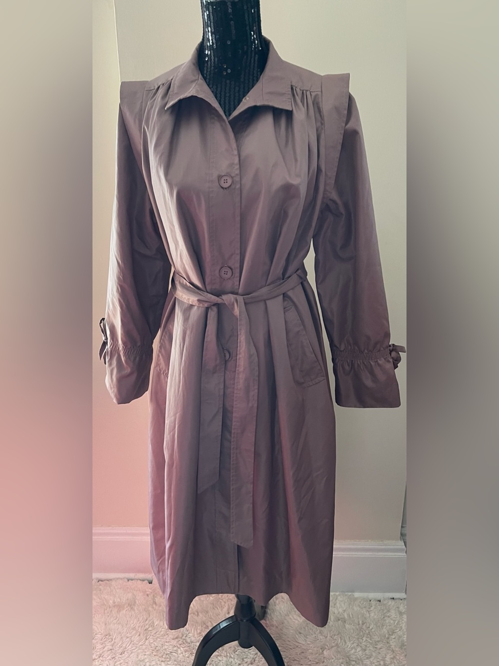 Vintage Dusty Rose Tie-Waist Lightweight Trench Coat